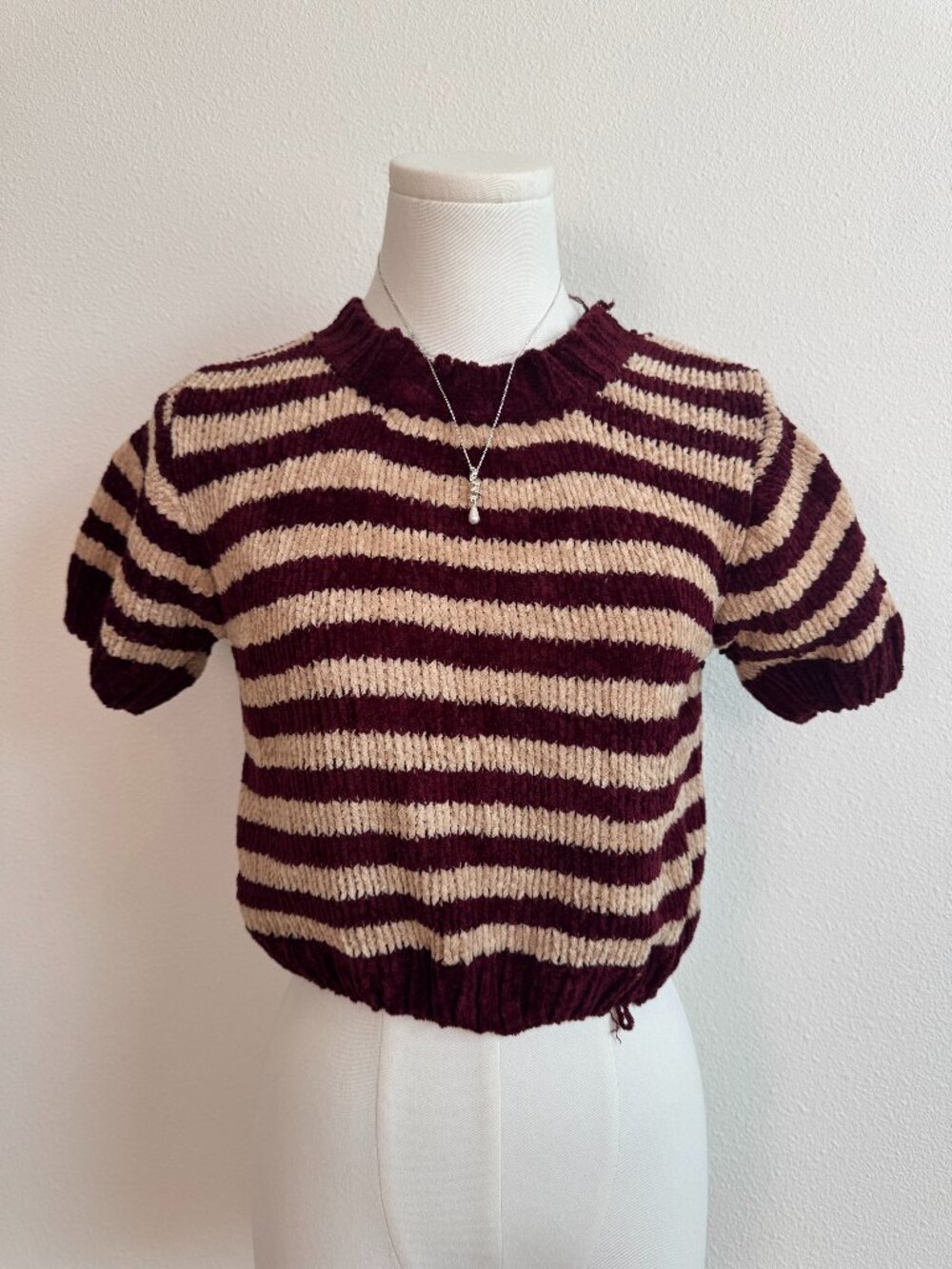 One Step Up Chenille Striped Crop Sweater Burgundy Tan